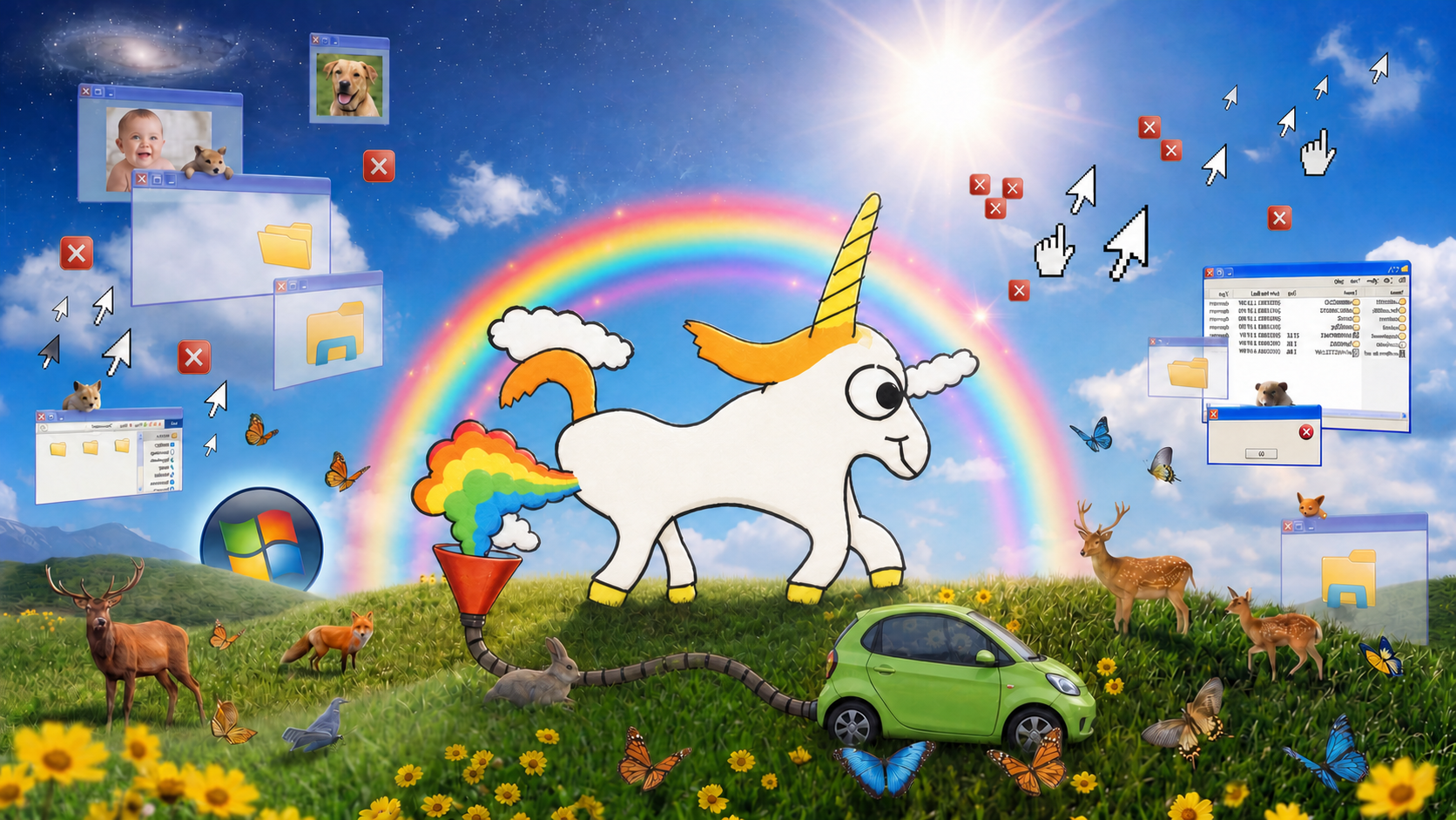 A white unicorn powers a little green electric car with rainbow magic